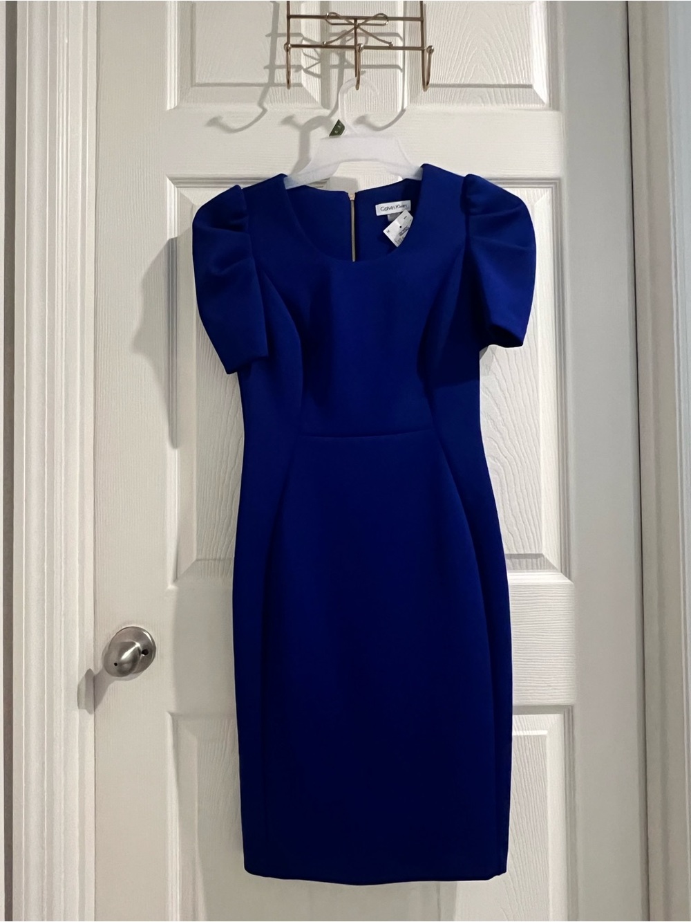 Calvin Klein Royal Blue Puff Sleeve Sheath Midi Dress